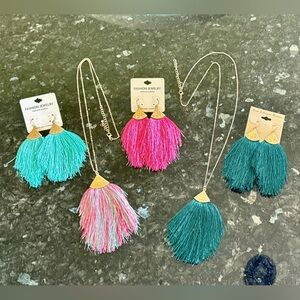 Tassel Drop Necklace Earrings Hammered Metal Accent 5 PC Lot Turquoise Teal Pink